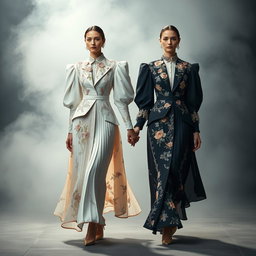 In a captivating scene titled 'The Ethereal Covenant', models are elegantly dressed in architectural floral colorblock ensembles, featuring sculptural pleats and exquisite silver-threaded embroidery