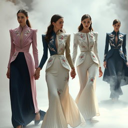 In a captivating scene titled 'The Ethereal Covenant', models are elegantly dressed in architectural floral colorblock ensembles, featuring sculptural pleats and exquisite silver-threaded embroidery