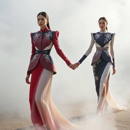 In a captivating scene titled 'The Ethereal Covenant', models are elegantly dressed in architectural floral colorblock ensembles, featuring sculptural pleats and exquisite silver-threaded embroidery