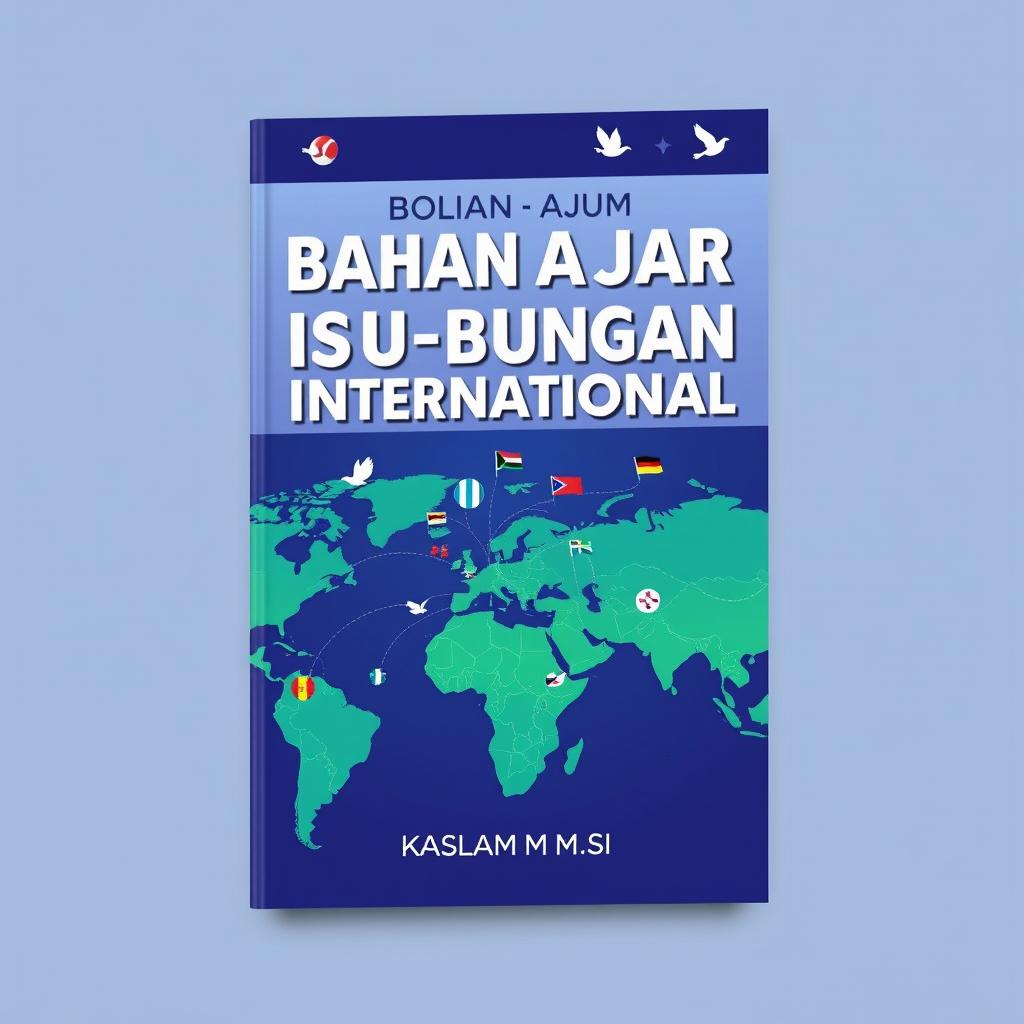 A captivating book cover design for an international relations textbook titled 'Bahan Ajar Isu-Isu Hubungan Internasional' by Kaslam, M