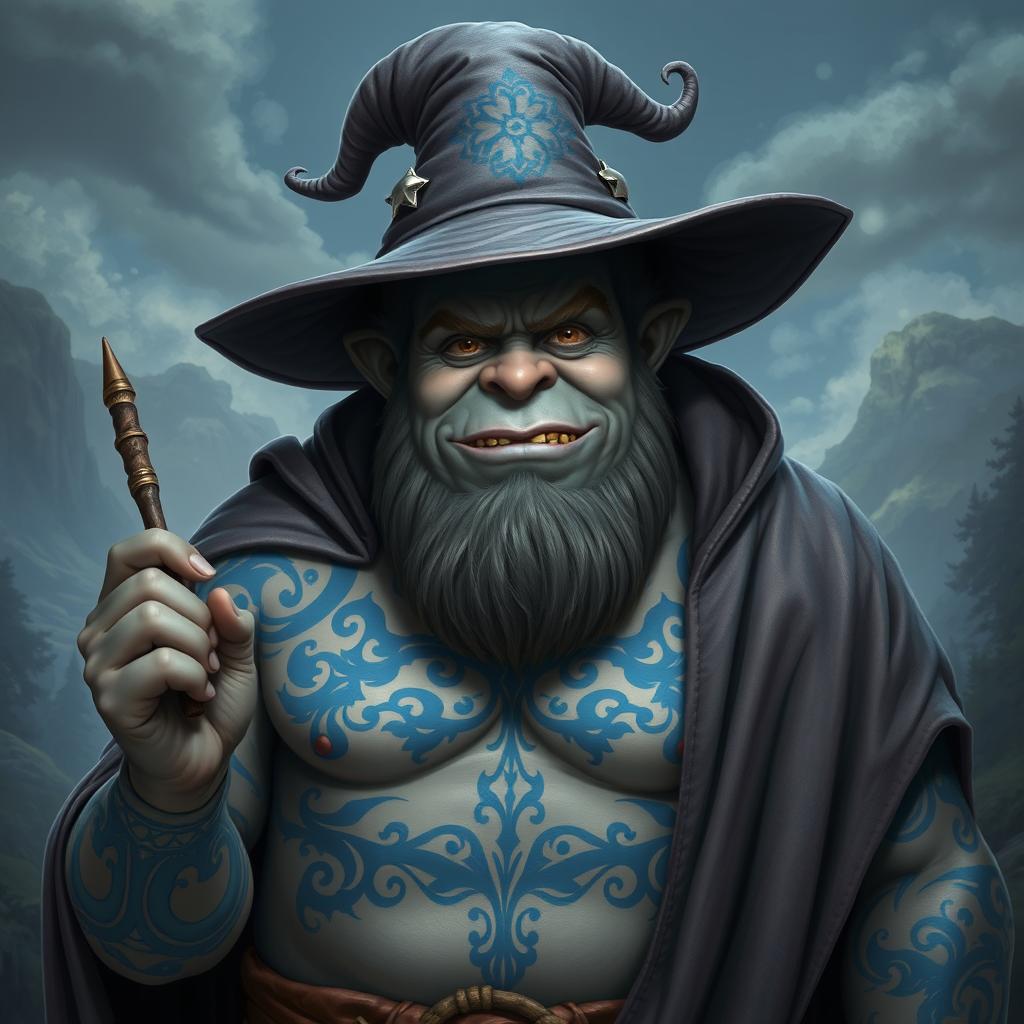 A gray-skinned giant who embodies the essence of a wizard, featuring an imposing yet friendly appearance