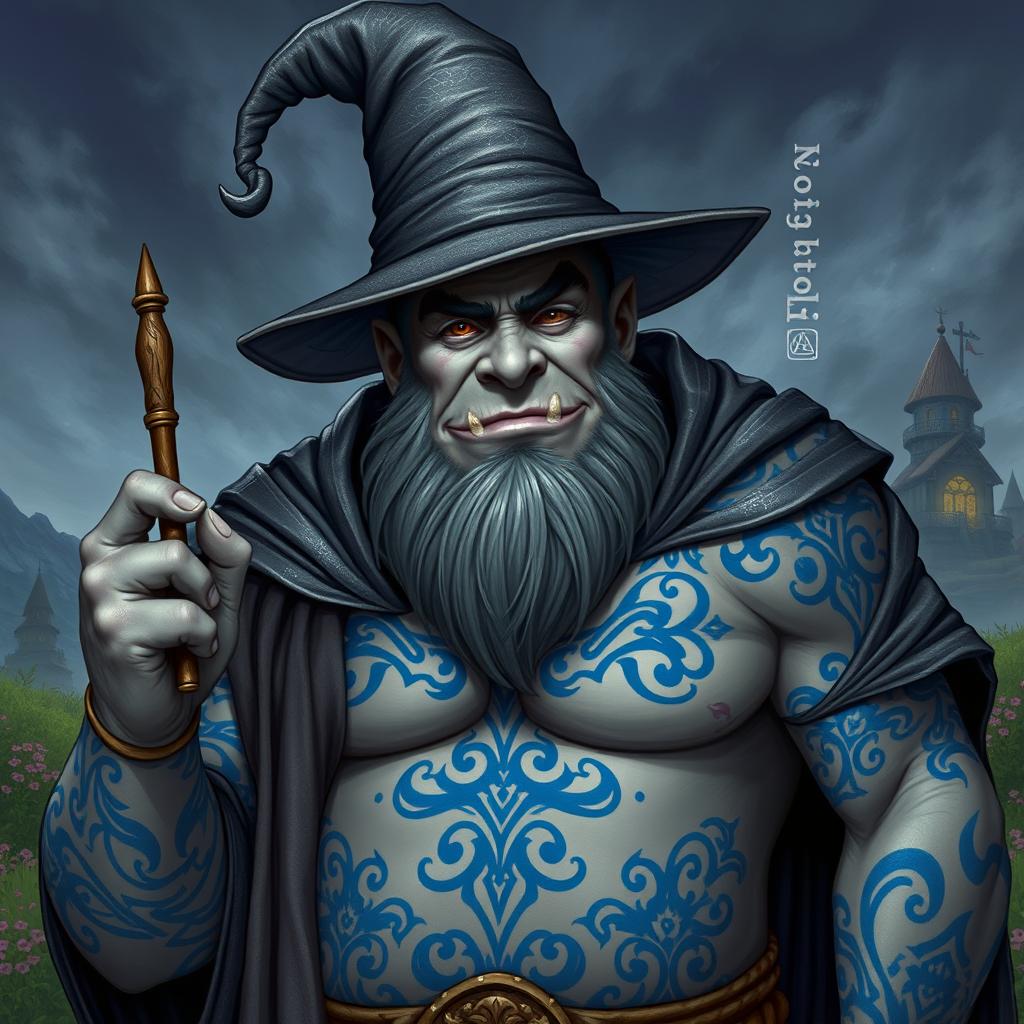 A gray-skinned giant who is a wizard, showcasing a striking appearance with blue tribal tattoos covering his exposed chest and arms