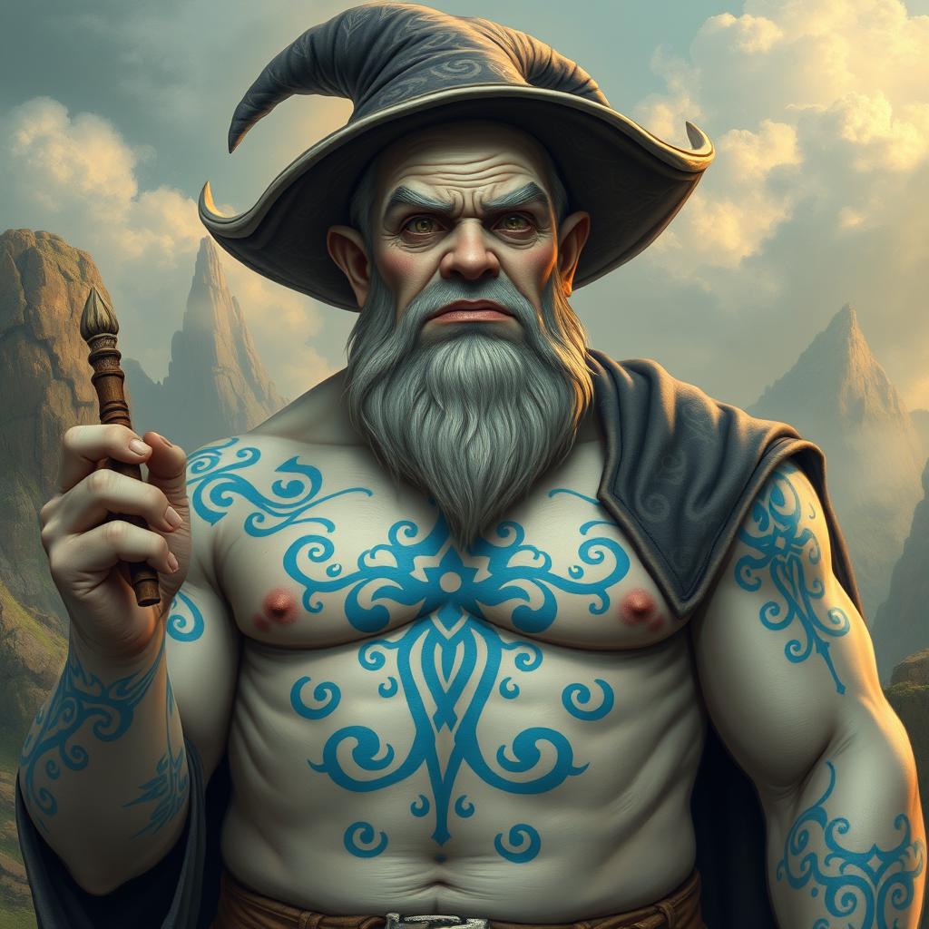 A gray-skinned giant who is a wizard, showcasing an impressive figure adorned with blue tribal tattoos that cover his exposed chest and arms