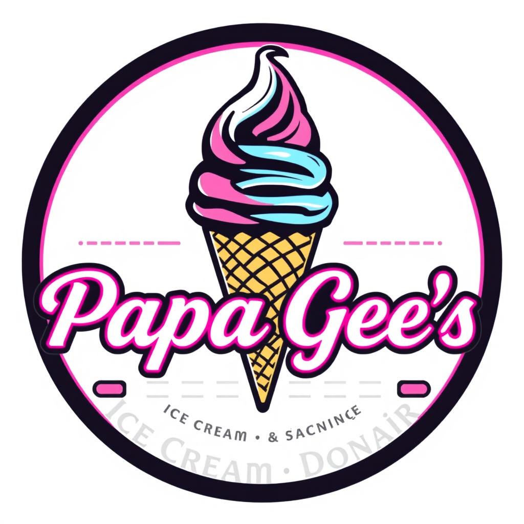 A vintage-style logo design for 'Papa Gee’s Ice Cream and Donair'