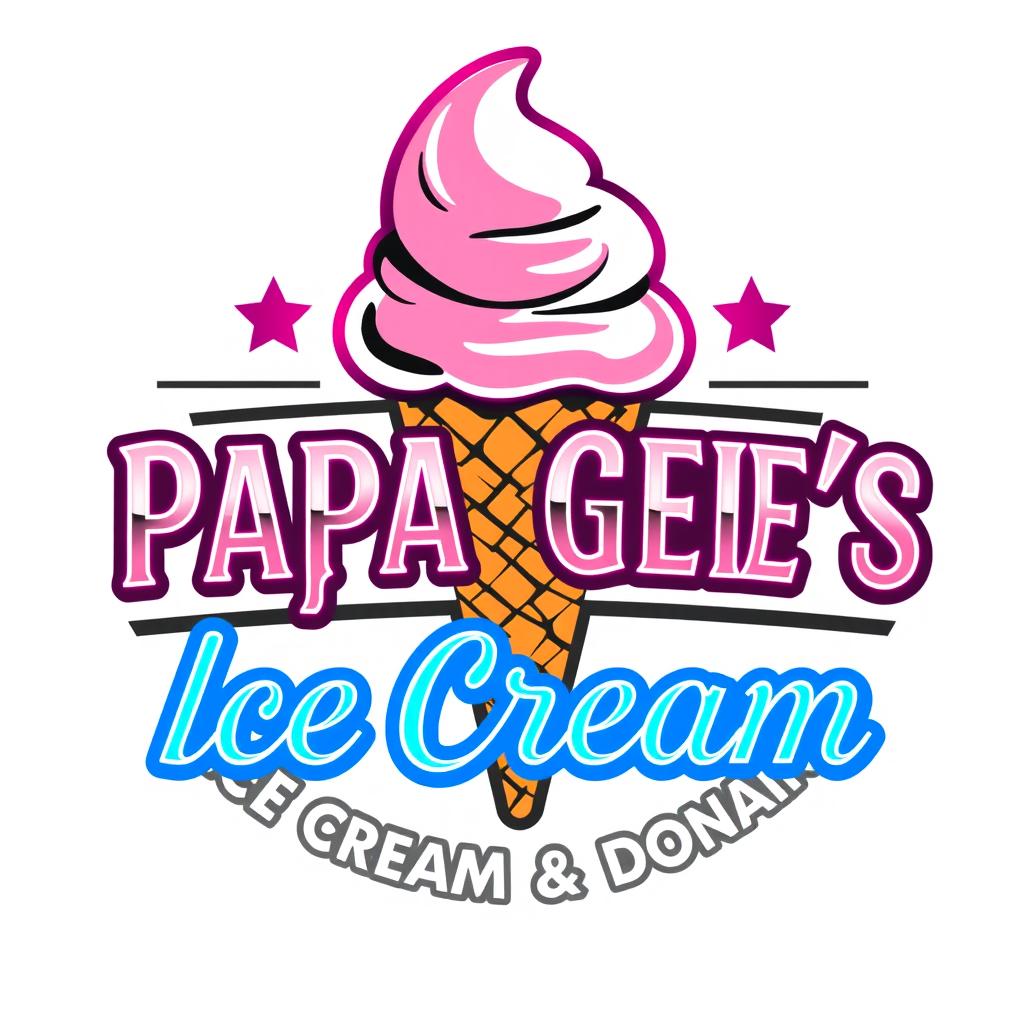 A vintage-style logo design for 'Papa Gee’s Ice Cream and Donair'