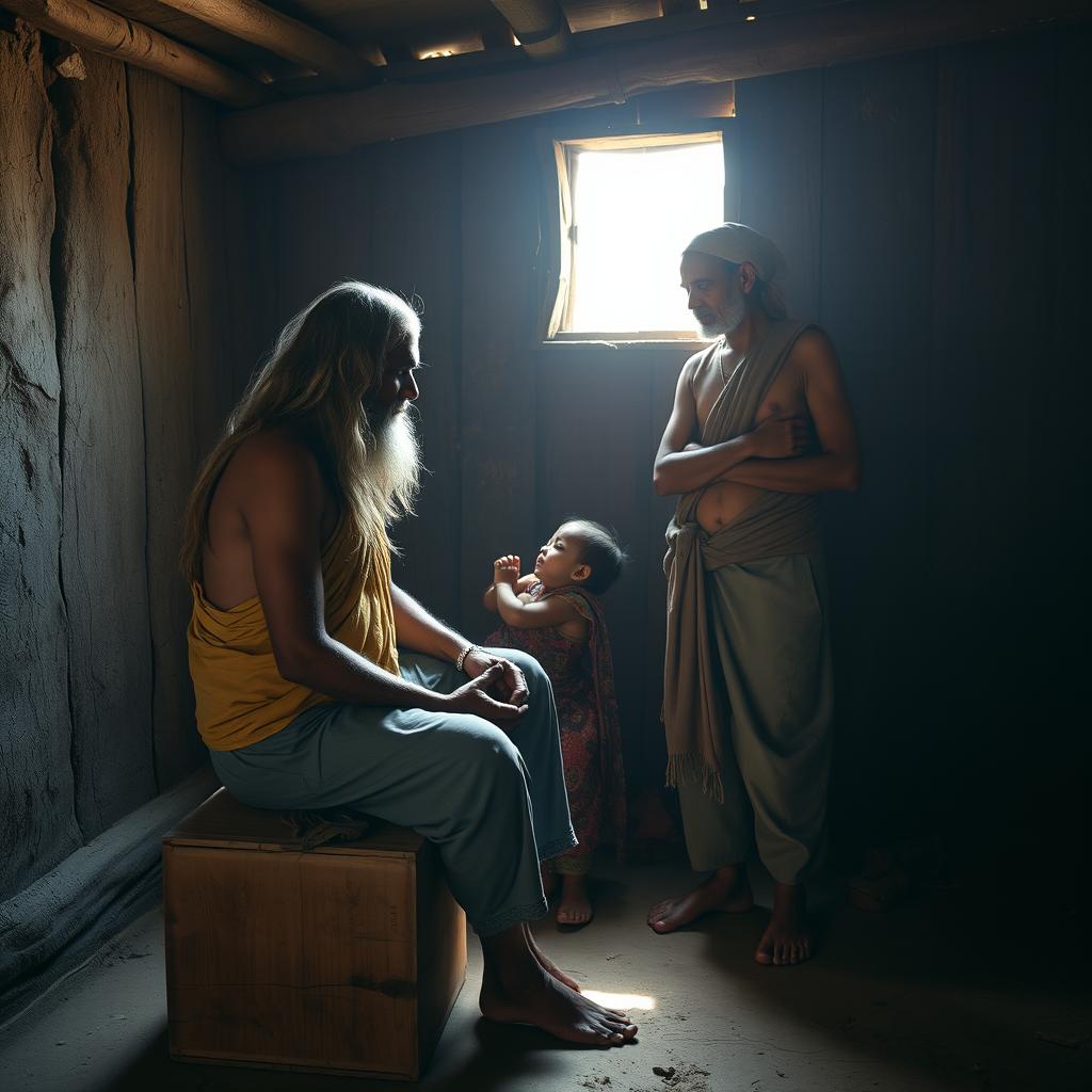A sadhu sitting in deep contemplation on a wooden box inside a modest, poor house with worn wooden walls and a dirt floor