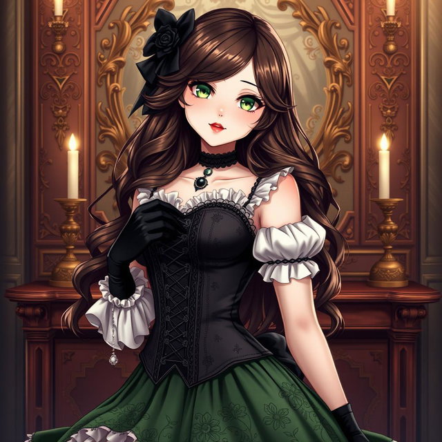 A gothic Victorian maiden anime girl, strikingly beautiful in a tightly laced black corset that accentuates her curves, layered over a delicate white bodice or chemisette