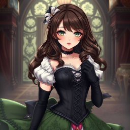 A gothic Victorian maiden anime girl, strikingly beautiful in a tightly laced black corset that accentuates her curves, layered over a delicate white bodice or chemisette