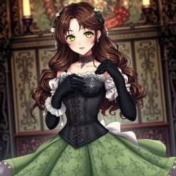 A gothic Victorian maiden anime girl, strikingly beautiful in a tightly laced black corset that accentuates her curves, layered over a delicate white bodice or chemisette