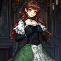 A gothic Victorian maiden anime girl, strikingly beautiful in a tightly laced black corset that accentuates her curves, layered over a delicate white bodice or chemisette