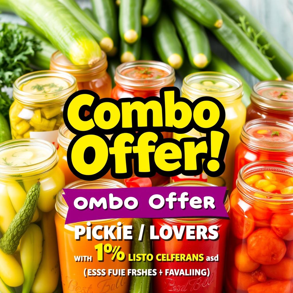 A vibrant advertisement for a pickle company showcasing an exciting combo offer