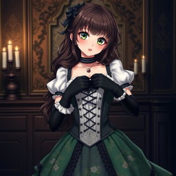 A gothic Victorian maiden anime girl, impeccably styled in a tightly laced black corset that accentuates her silhouette over a white bodice or chemisette