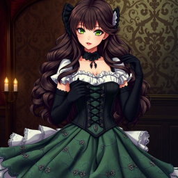 A gothic Victorian maiden anime girl, impeccably styled in a tightly laced black corset that accentuates her silhouette over a white bodice or chemisette