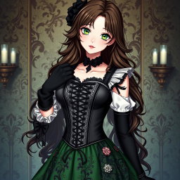 A gothic Victorian maiden anime girl, impeccably styled in a tightly laced black corset that accentuates her silhouette over a white bodice or chemisette