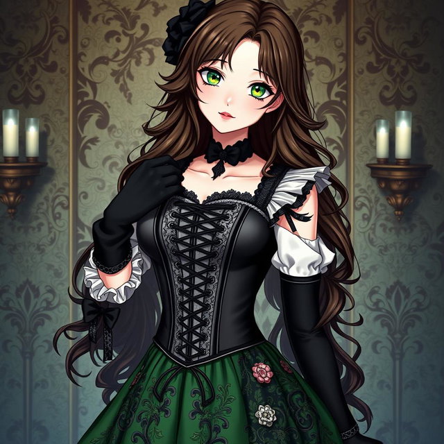 A gothic Victorian maiden anime girl, impeccably styled in a tightly laced black corset that accentuates her silhouette over a white bodice or chemisette