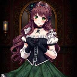 A gothic Victorian maiden anime girl, impeccably styled in a tightly laced black corset that accentuates her silhouette over a white bodice or chemisette