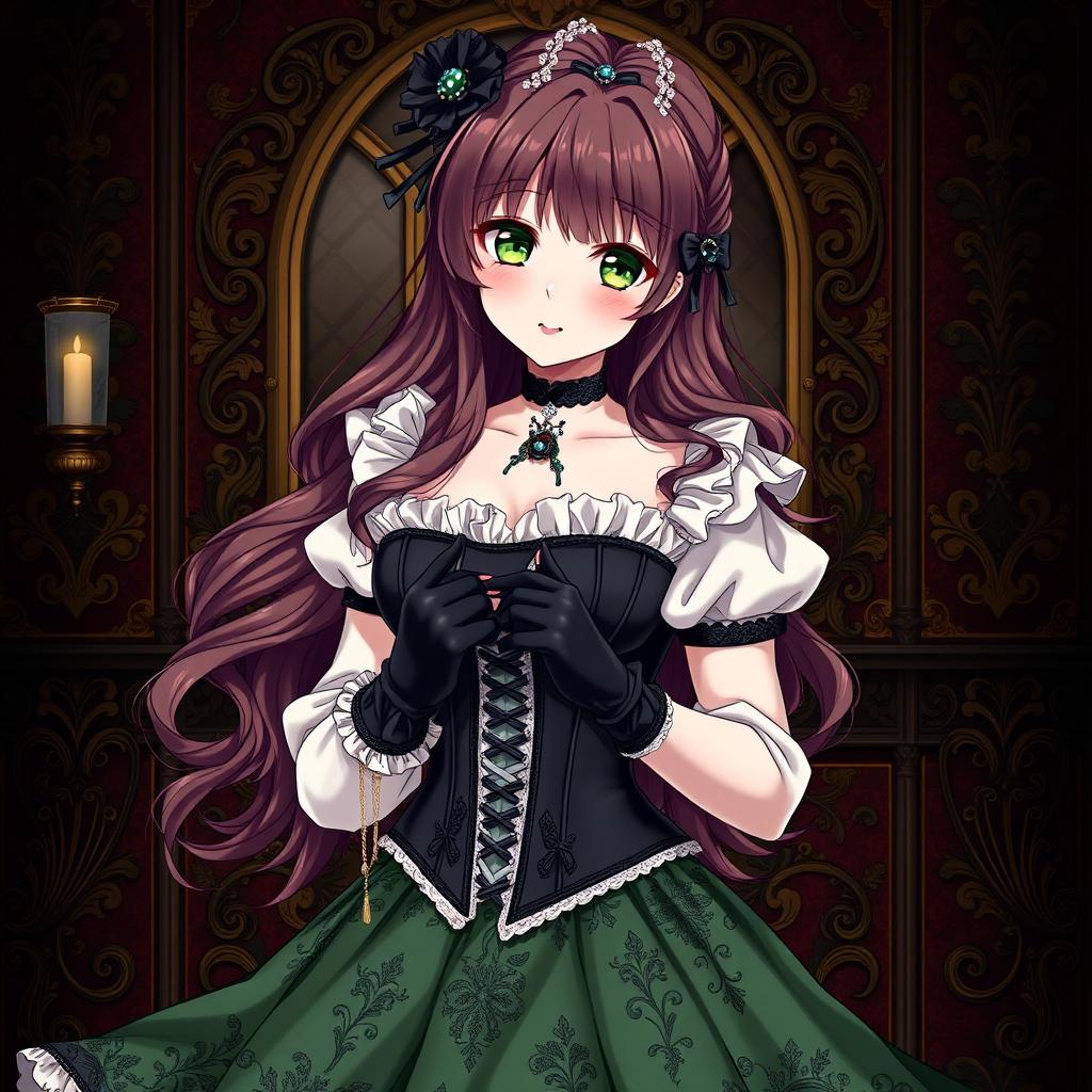 A gothic Victorian maiden anime girl, impeccably styled in a tightly laced black corset that accentuates her silhouette over a white bodice or chemisette