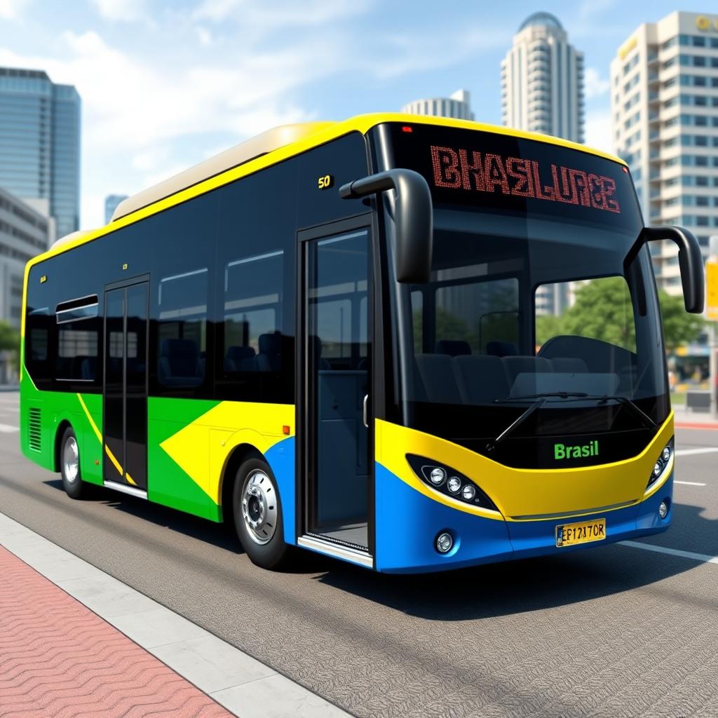 Um ônibus elétrico híbrido urbano em 3D, projetado para 50 pessoas, com um design inovador e de nacionalidade brasileira
