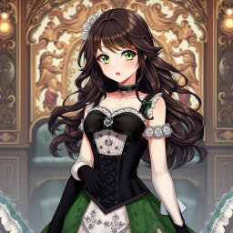 A gothic Victorian maiden anime girl, exquisitely dressed in a tightly laced black corset that accentuates her hourglass figure over a delicate white bodice or chemisette