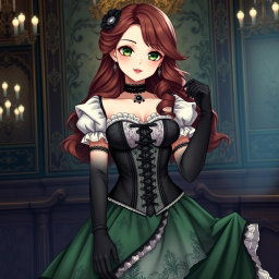 A gothic Victorian maiden anime girl, exquisitely dressed in a tightly laced black corset that accentuates her hourglass figure over a delicate white bodice or chemisette