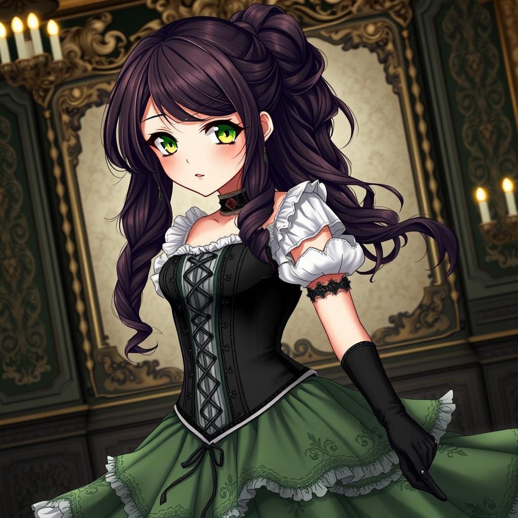 A gothic Victorian maiden anime girl, exquisitely dressed in a tightly laced black corset that accentuates her hourglass figure over a delicate white bodice or chemisette