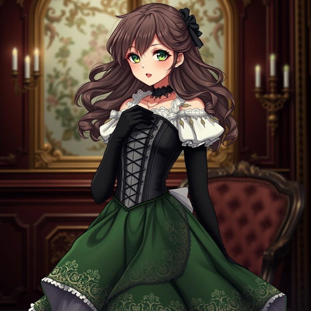 A gothic Victorian maiden anime girl, exquisitely dressed in a tightly laced black corset that accentuates her hourglass figure over a delicate white bodice or chemisette