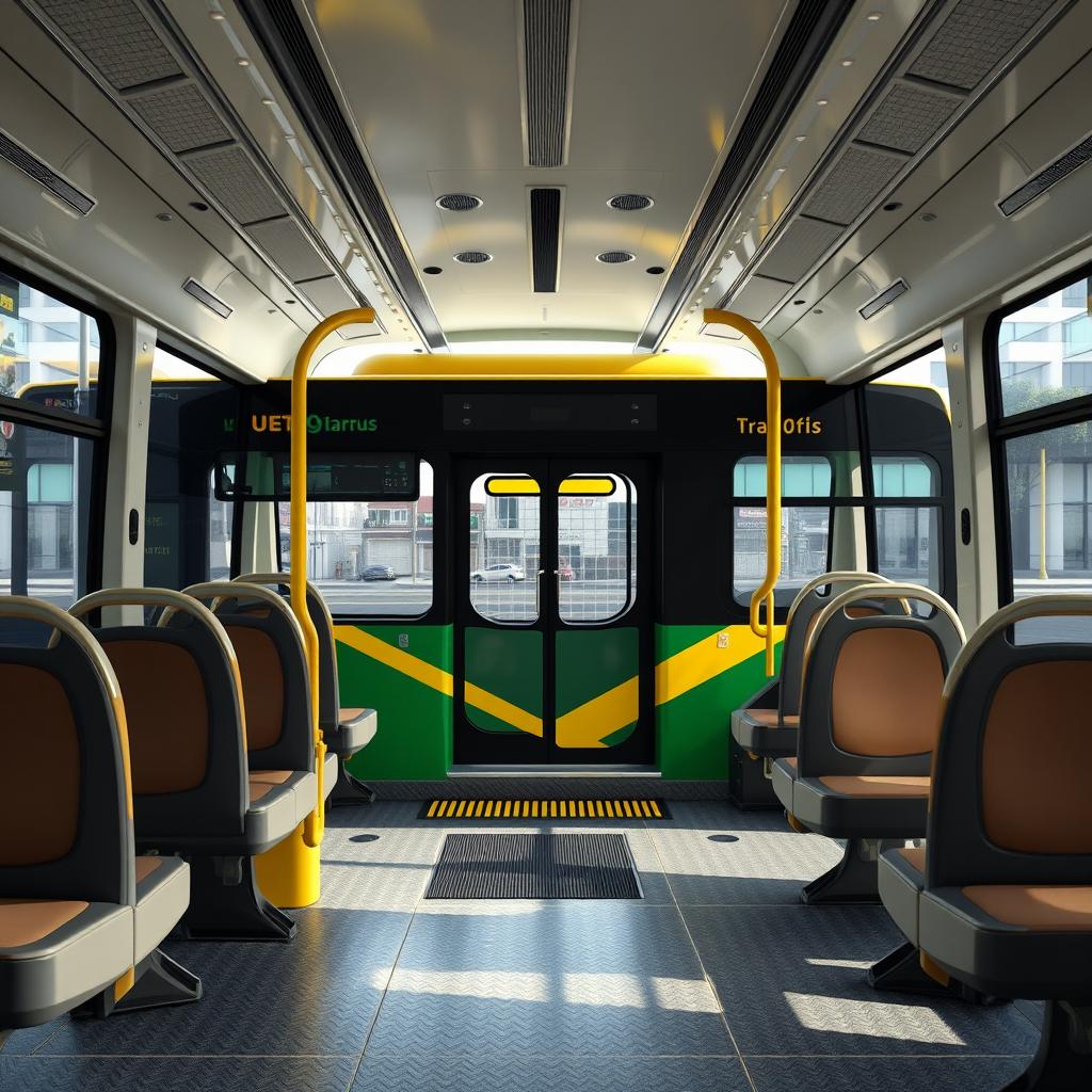 Um ônibus elétrico híbrido urbano em 3D, projetado para 50 pessoas, com um design inovador e de nacionalidade brasileira