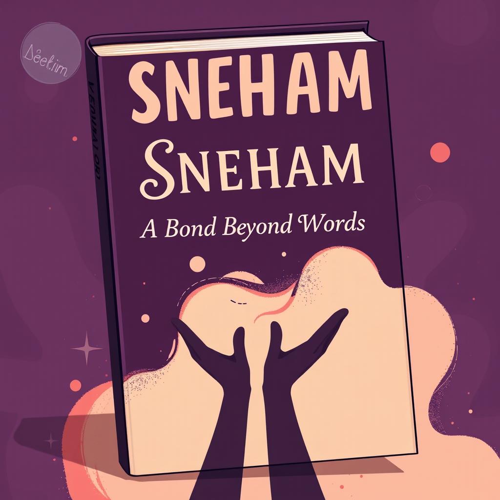 A 2D cartoon-style book cover for 'Sneham: A Bond Beyond Words' featuring an abstract background in dark purple, pink, and beige
