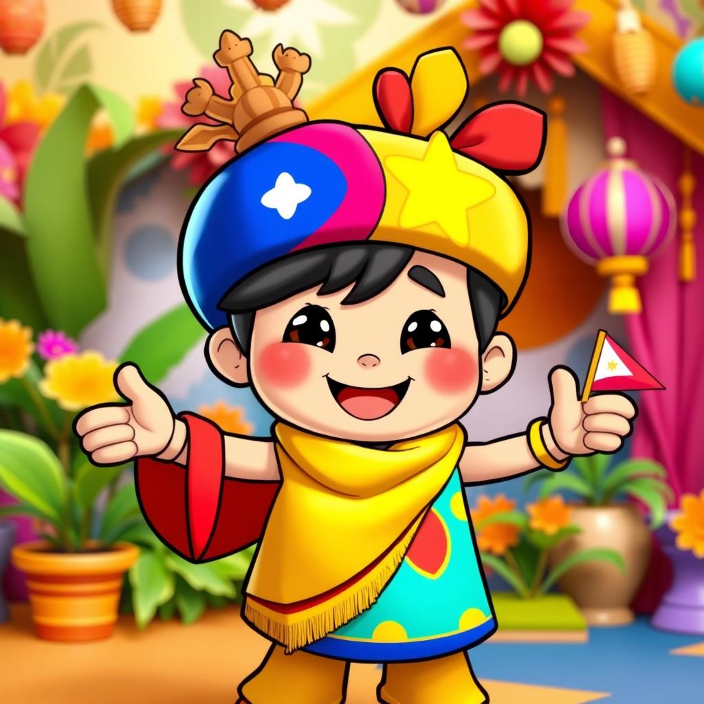 A vibrant and cheerful animated Filipino mascot character, embodying Filipino cultural elements such as traditional clothing, a playful smile, and bright colors