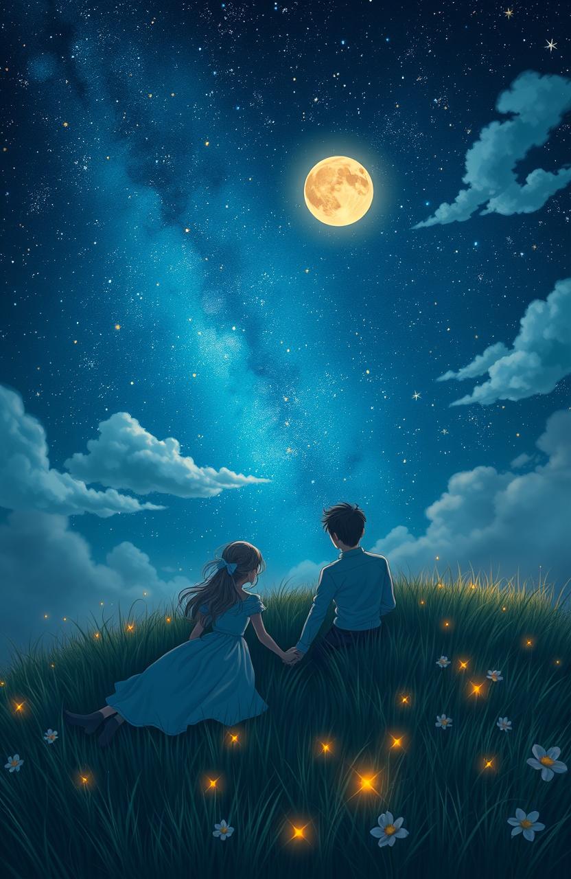A serene and enchanting night scene depicting a couple lying on a grassy hill, gazing up at a starlit sky filled with vibrant constellations and a glowing moon