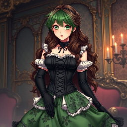 A gothic Victorian maiden anime girl, beautifully depicted in a tightly laced black corset that emphasizes her figure over a delicate white bodice or chemisette