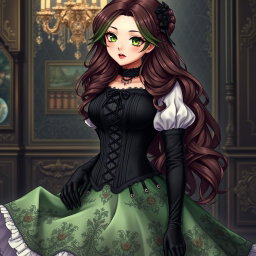 A gothic Victorian maiden anime girl, beautifully depicted in a tightly laced black corset that emphasizes her figure over a delicate white bodice or chemisette