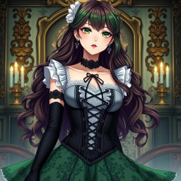 A gothic Victorian maiden anime girl, beautifully depicted in a tightly laced black corset that emphasizes her figure over a delicate white bodice or chemisette
