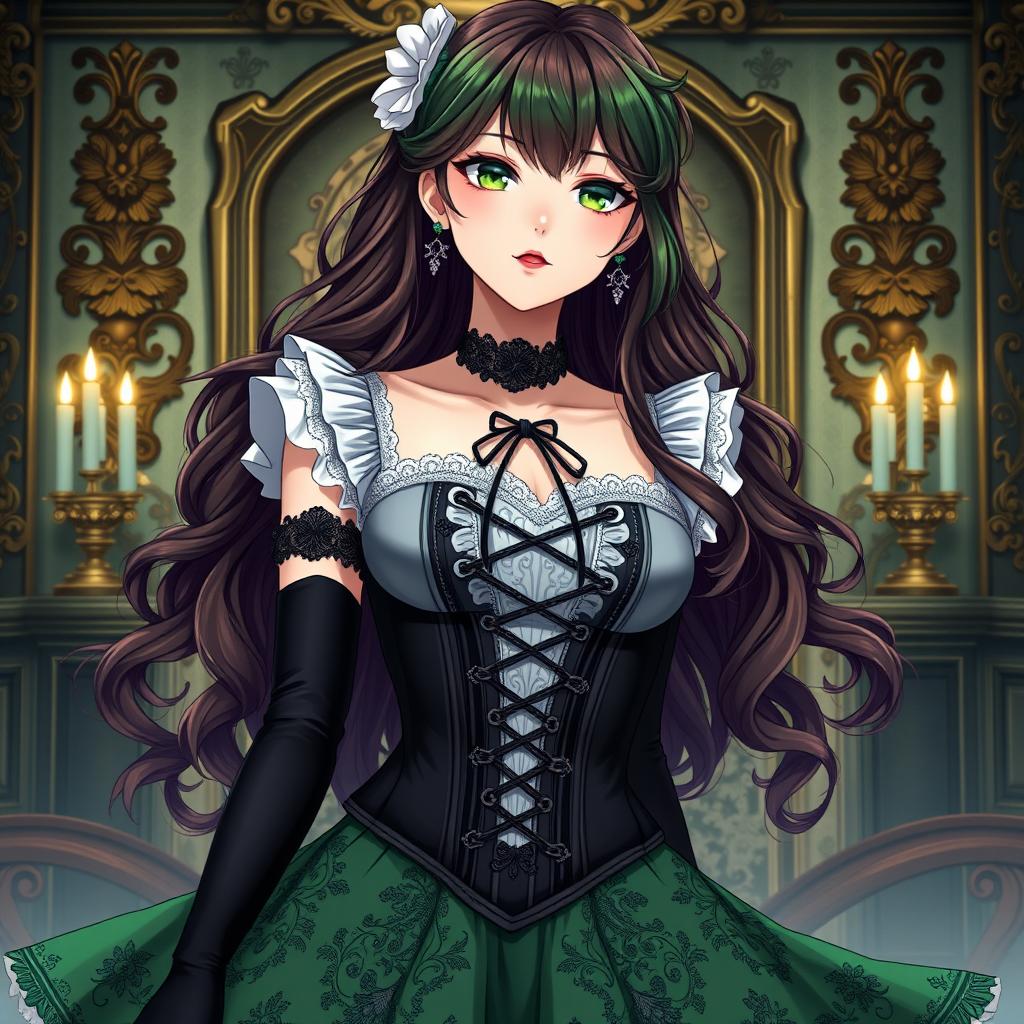 A gothic Victorian maiden anime girl, beautifully depicted in a tightly laced black corset that emphasizes her figure over a delicate white bodice or chemisette