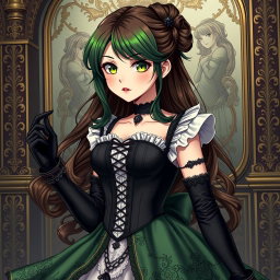 A gothic Victorian maiden anime girl, beautifully depicted in a tightly laced black corset that emphasizes her figure over a delicate white bodice or chemisette