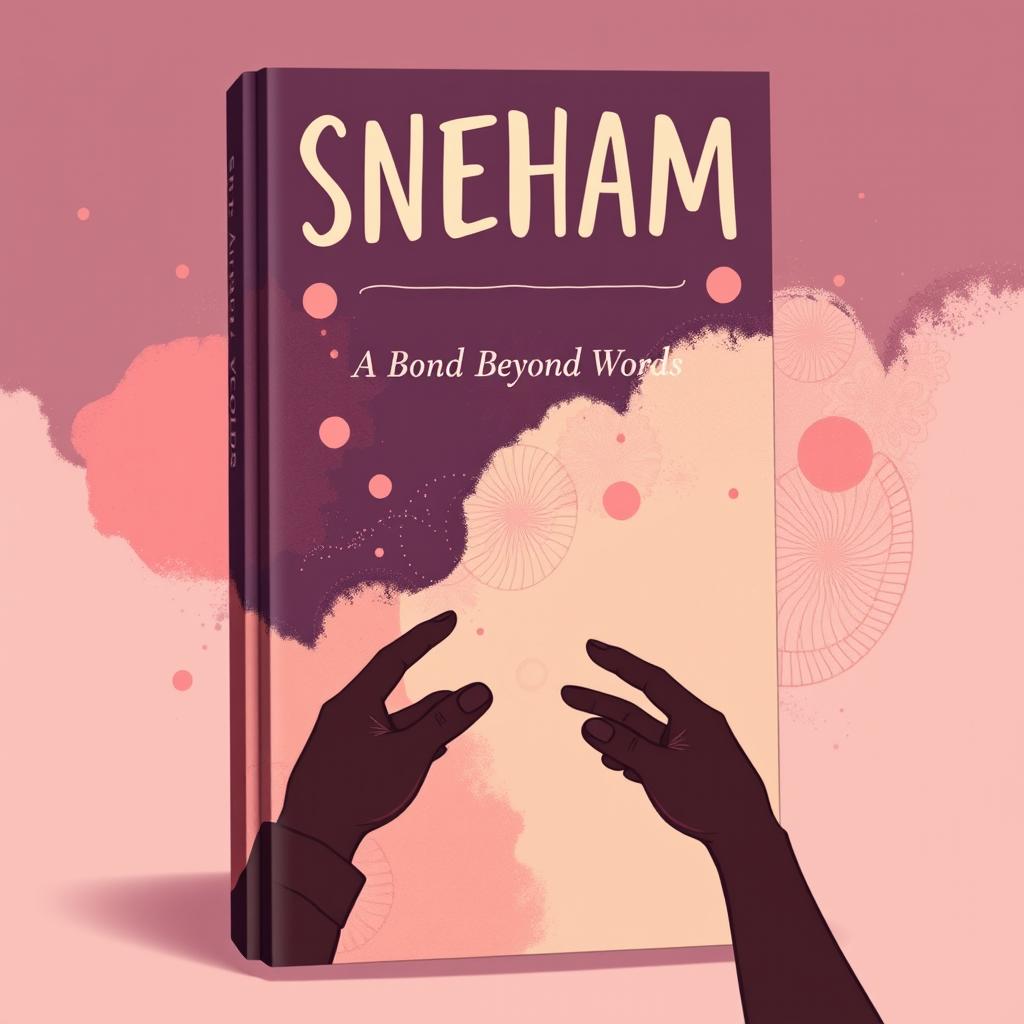 A 2D cartoon-style book cover for 'Sneham: A Bond Beyond Words' featuring an abstract background in dark purple, pink, and beige