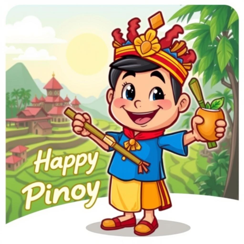 A lively and charming Pinoy mascot character, showcasing Filipino culture with elements such as traditional barong Tagalog attire, a friendly smile, and bright, eye-catching colors