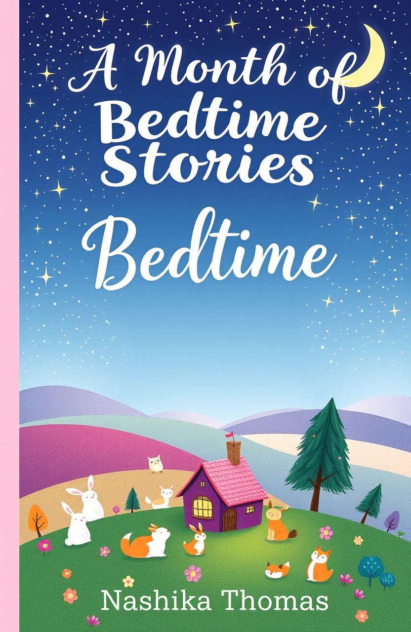 A whimsical book cover design for 'A Month of Bedtime Stories' by Nashika Thomas
