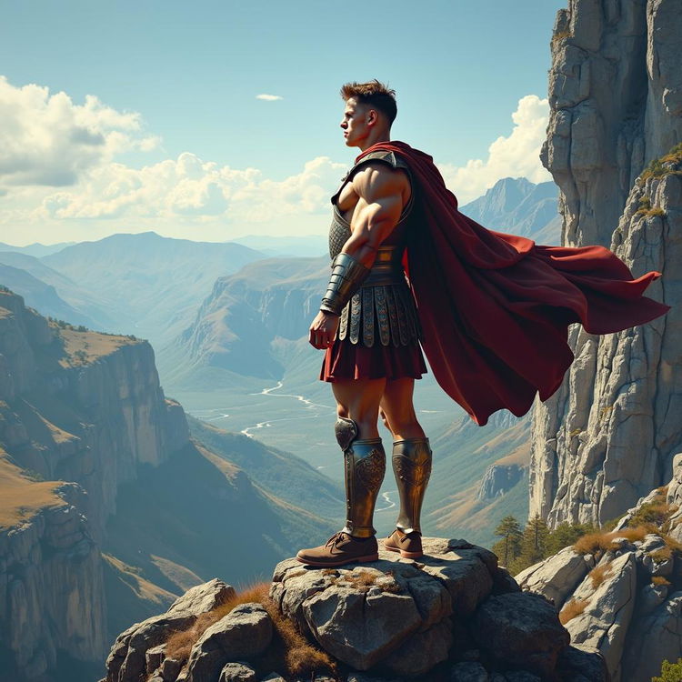 A young, incredibly muscular conqueror standing atop a rugged mountain peak, showcasing his impressive physique