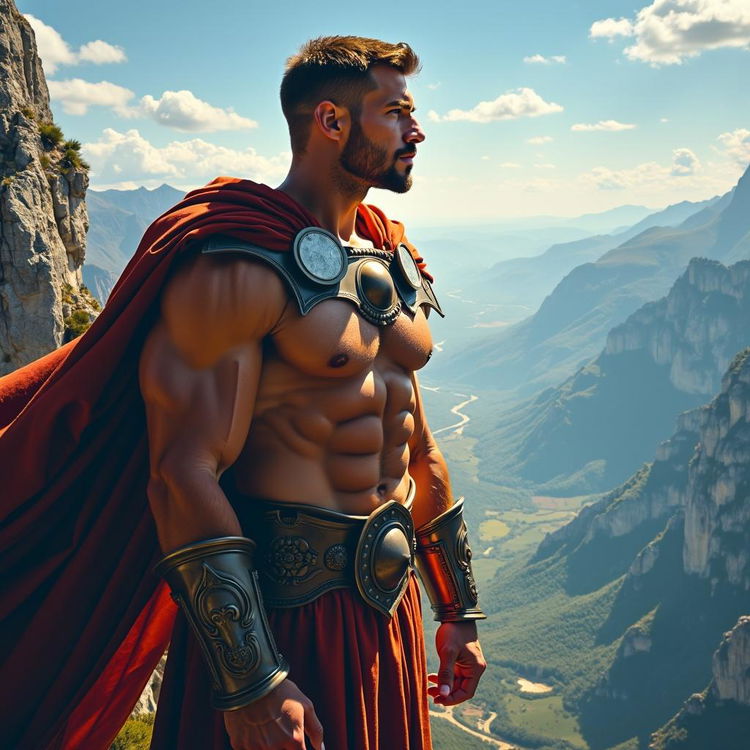 A young, incredibly muscular conqueror with a prominent, chiseled face standing atop a rugged mountain peak, showcasing his impressive physique