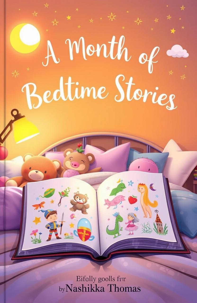 A cozy children's book cover titled 'A Month of Bedtime Stories' by Nashika Thomas, featuring a whimsical scene of a warm, inviting bedroom filled with soft toys and a glowing night lamp