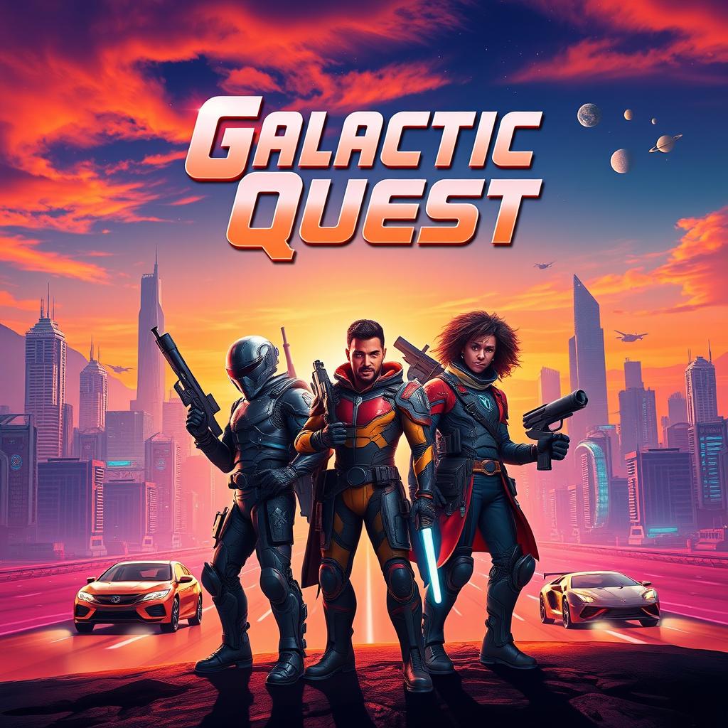 A vibrant movie poster for a sci-fi adventure film, featuring a futuristic city skyline at sunset