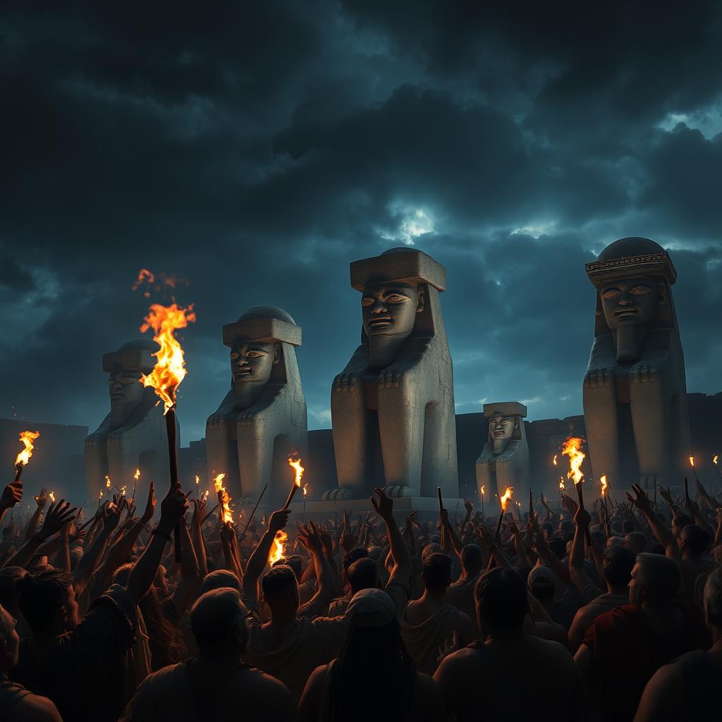 A dramatic and tense scene set in the era of King Nimrod, depicting a group of people passionately worshipping towering stone idols