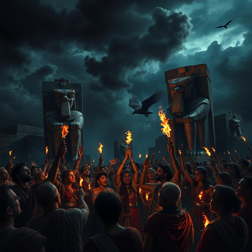 A dramatic and tense scene set in the era of King Nimrod, depicting a group of people fervently worshiping towering stone idols in a dark and mysterious atmosphere