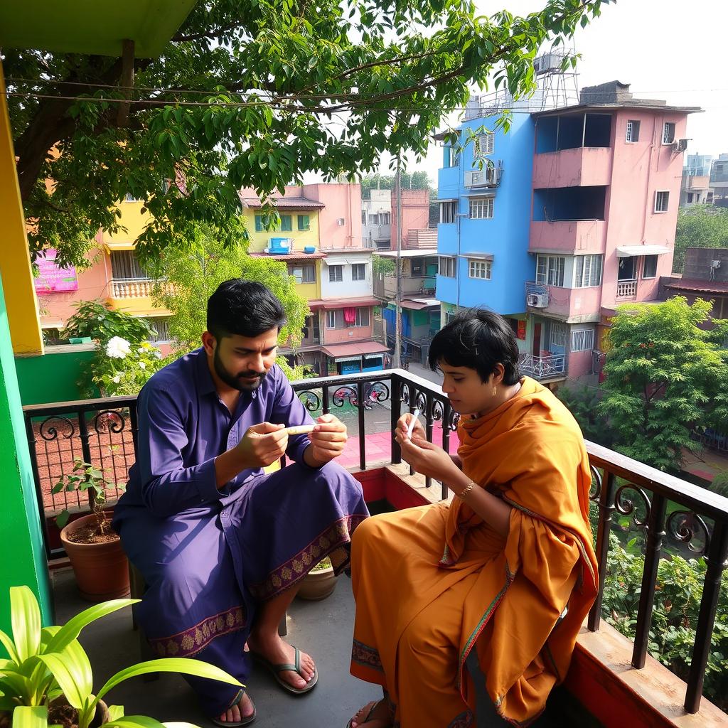 A vibrant scene depicting two friends sitting on a balcony in AGB Colony, Dhaka, Bangladesh, as they tune a cigarette