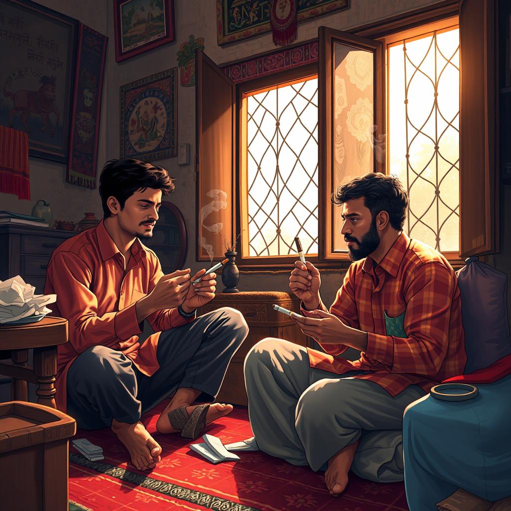 A lively and detailed depiction of two friends tuning a cigarette inside a cozy room in AGB Colony, Dhaka, Bangladesh