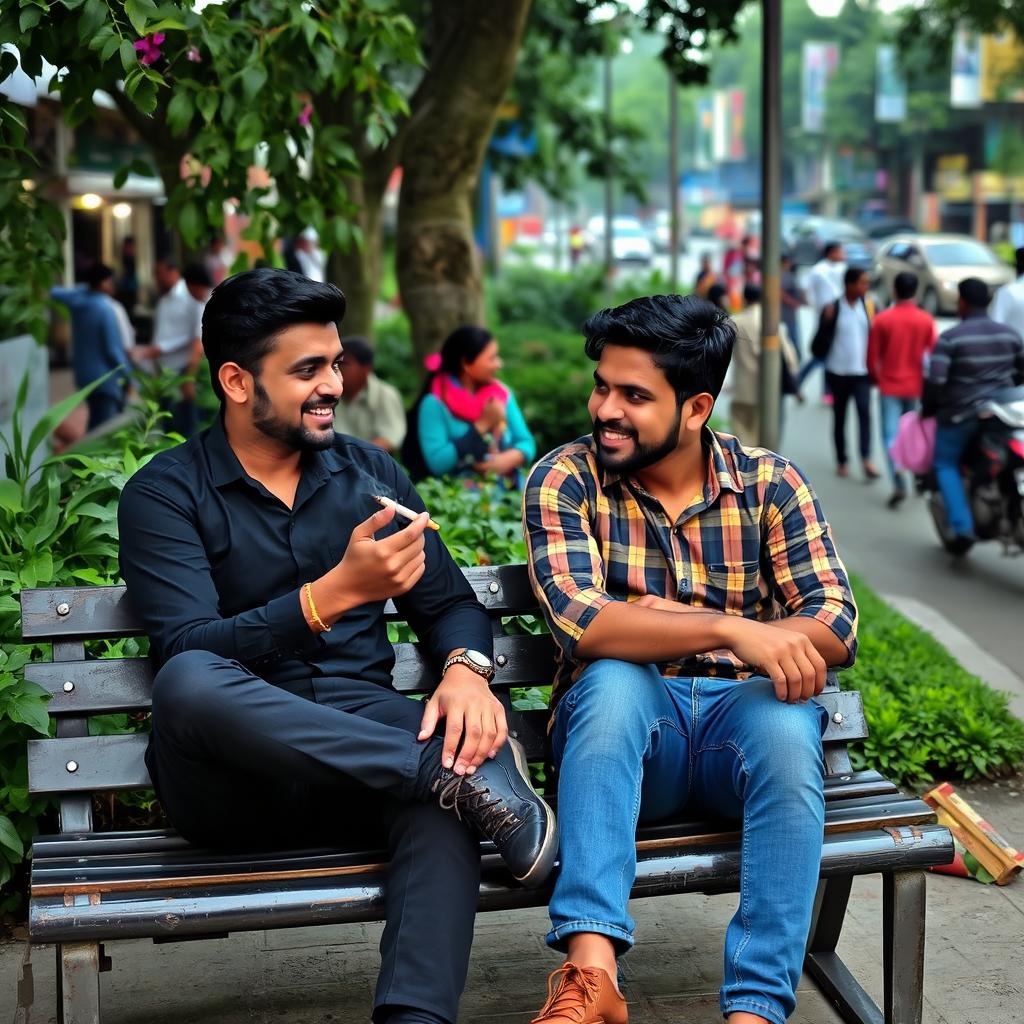 Two friends sitting on a bench in AGB Colony, Dhaka, surrounded by vibrant greenery, with bustling city life around them