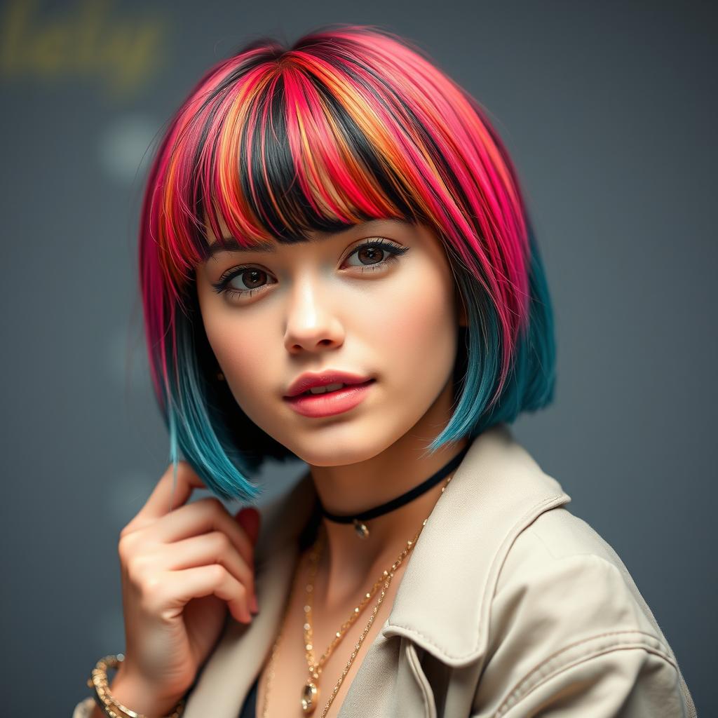 A stylish portrait of a fashionable young adult with baby bangs