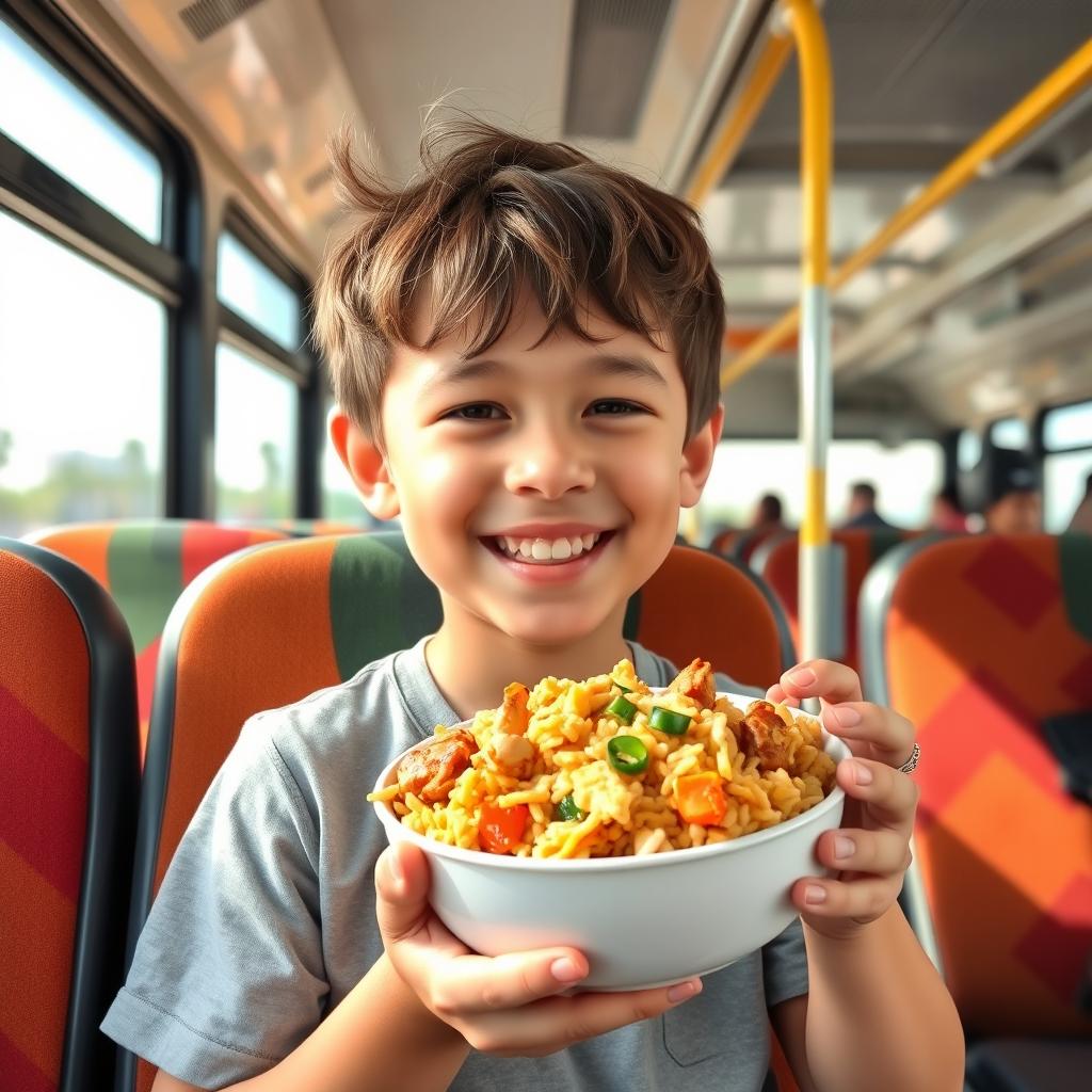 A young boy sitting on a bus, smiling joyfully as he enjoys a bowl of fried rice