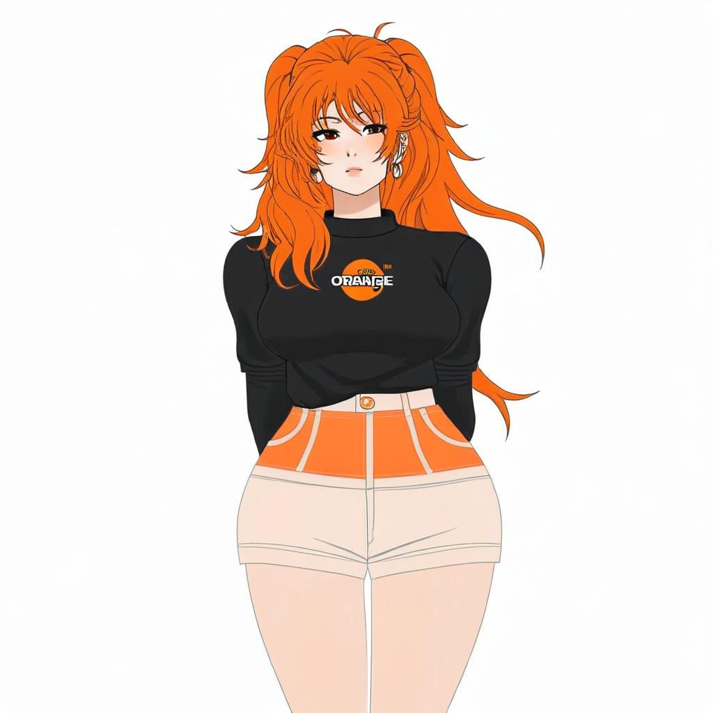A realistic girl with Orange logo shirt